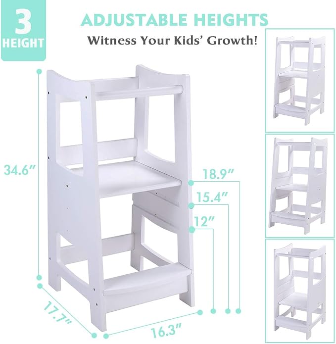 EGREE Toddlers Kitchen Step Stool with Safety Rail Kids Wooden Standing Tower for Kitchen Counter and Bathroom Sink, 3 Heights Adjustable Step Up Stool Mothers' Helper, Solid Wood Construction, White