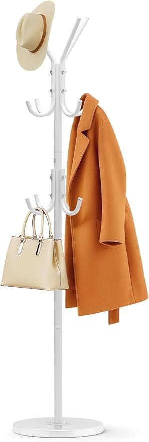 MISSLO Heavy Duty Coat Rack Freestanding with Stable Wood Base Modern White Coat Tree with 12 Hooks Adjustable Coats Hanger Stand Stylish Standing Clothes Tree for Entryway Bedroom Corner Hall