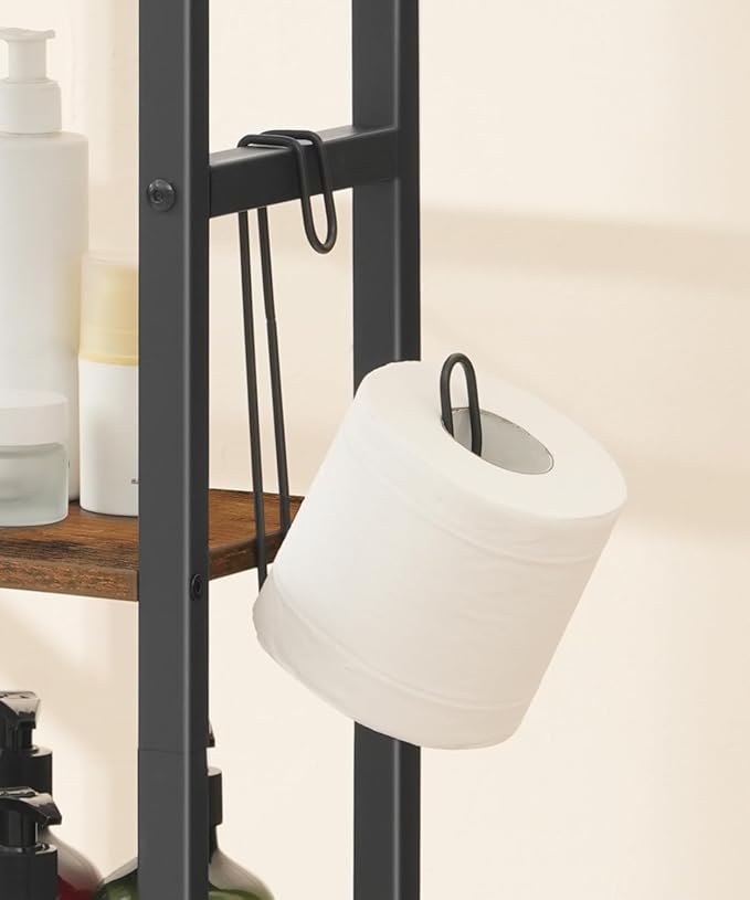 HOOBRO Over The Toilet Storage Cabinet, Freestanding Bathroom Organizer with Toilet Paper Holder, Hooks, 5-Tier Bathroom Storage Shelves for Laundry Room, Space Saver, Rustic Brown and Black BF84TS01