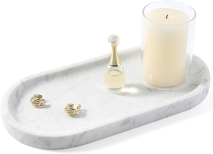 Koville Natural White Marble Tray for Home Decor, 10" x 5" Marble Vanity Tray for Bathroom Countertop Organizer Stone Trays, Catchall Tray for Perfume, Candles, Jewelry (Bianco Carrara)