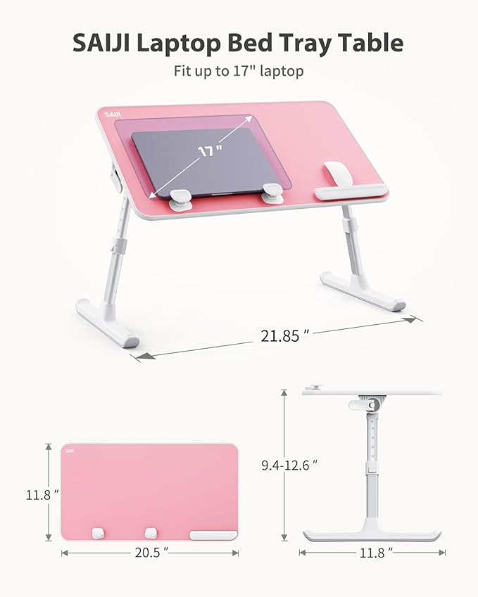SAIJI Height & Angle Adjustable Laptop Stand for Bed, Lap Desk Bed Tray Table, Light Weight Foldable Portable Laptop Table for Couch Sofa Chair Floor Desk for Adults, Kids (Pink)