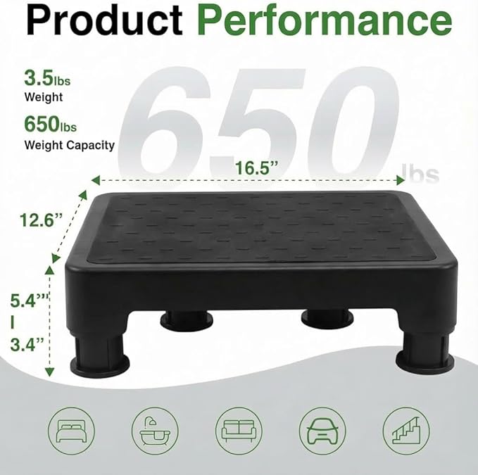 COOL-ANGLE Adjustable Step Stool for High Beds & SUV - Non-Slip Mobility Platform for Seniors, 650lbs Capacity, 3 Heights (3.4"-5.4"), Wide Safety Base for Car & Bath, 16.5"x12.6", Black