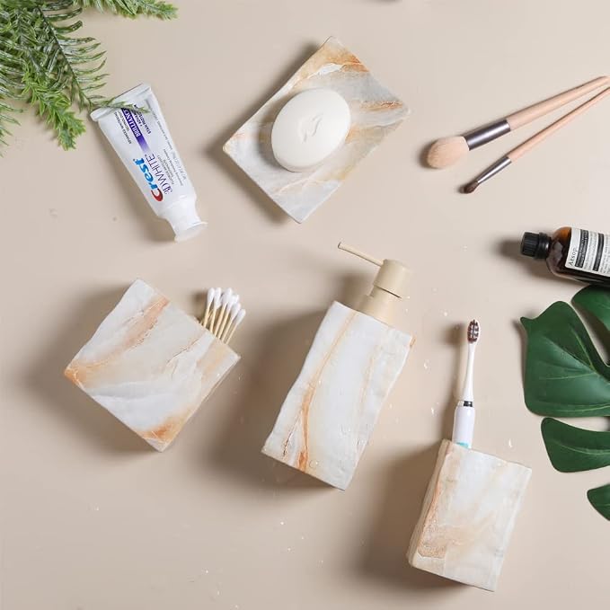 RQYIXI Bathroom Accessories Set 4 Pcs Marble Look Sets Toothbrush Holder Soap Dispenser Counter Top Ceramic Bathroom Decor Set Beige