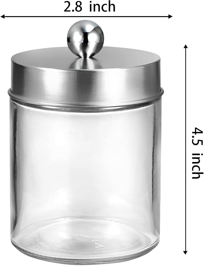 Amolliar 4 Pc Glass Apothecary Jars - Countertop Qtip Dispenser Holder with Stainless Steel Lids&Cute Stickers -Bathroom Vanity Storage Organizer Set for Qtips,Cotton Swabs/Rounds (Brushed Nickel)
