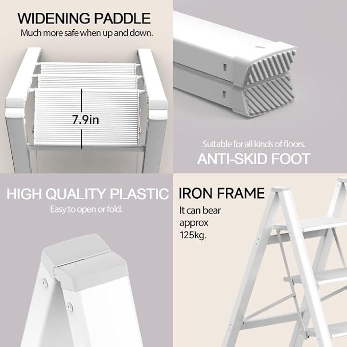 SOLADDER Step Ladder 3 Step Folding, Small Step Stool for Adults, Portable Anti-Slip Iron Stepladder with Wide Pedals for Home and Kitchen Use, Space Saving - White (300 lbs)