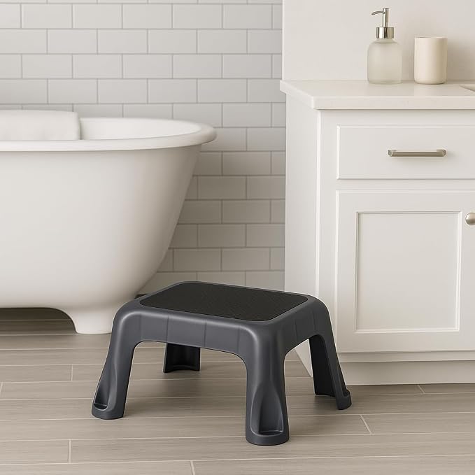 Plastic Step Stool with Stable in-Mold Tread, One-Step Design for Everyday Home Use, Durable Lightweight Build for Kitchen, Closet, and Office – Gray