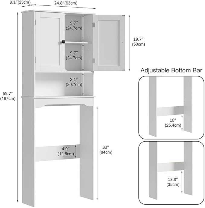 RRX Over The Toilet Storage Cabinet,Bathroom Above Toilet Cabinets Organizer, 24.8" L x 9.1 "W x 65.7 "H Free Standing Toilet Rack with Adjustable Shelf and Open Storage,Double Doors(Pure White)