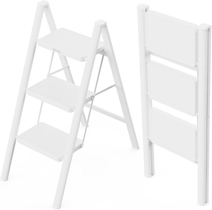 WOA WOA Step Ladder for Home, Foldable Step Stool for Kitchen with Non-Slip Pedals, Sturdy Ladders Supports up to 330 lbs, Compact and Portable - 3 Step/White