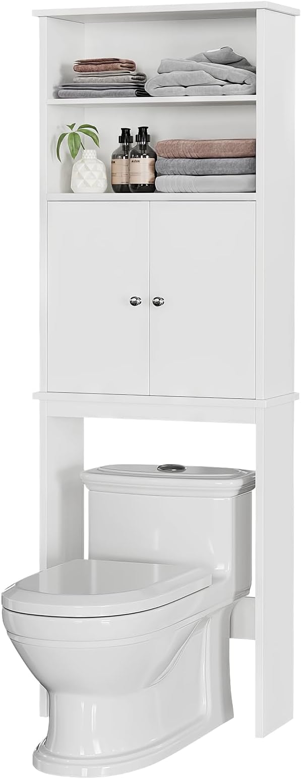 Over the Toilet Storage Cabinet for Bathroom, Extra Tall Over Toilet Storage, Space Saver W/Adjustable Shelf & Open Storage Shelf, 75in, White