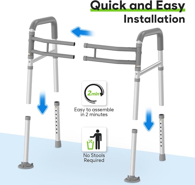 Delog Toilet Safety Rails 300 lb - Adjustable Toilet Safety Frame & Rails, Toilet Safety Rail for Elderly Adults, Toilet Handles for Seniors, Toilet Bars for Elderly & Handicap (Gray)