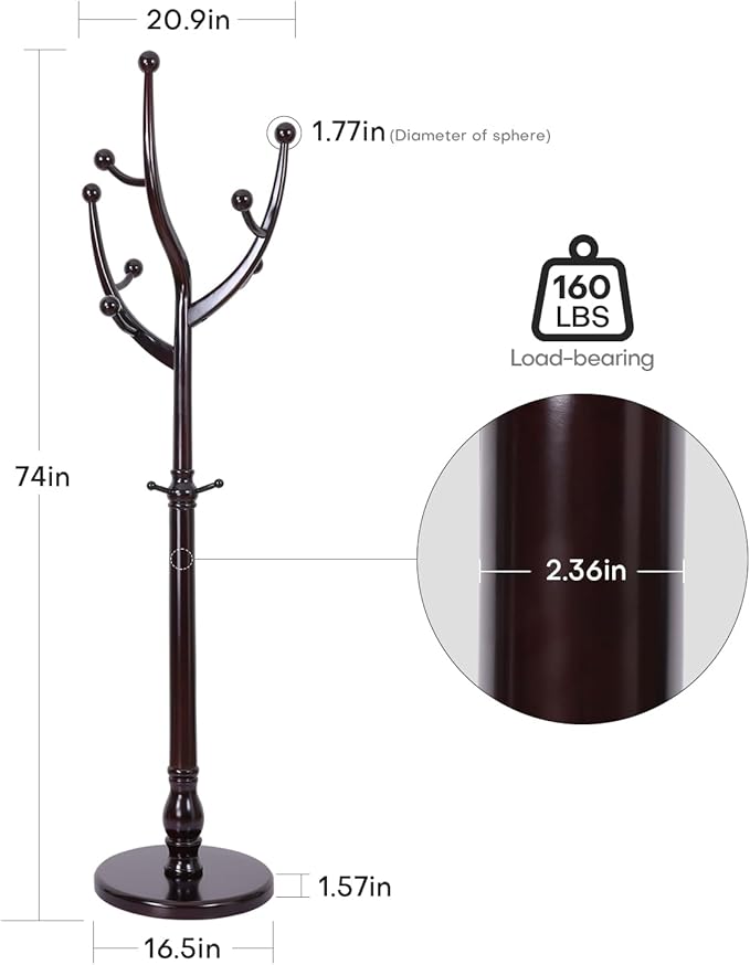 Bekrvio Tree Coat Rack Freestanding with Round Base, Unique Coat Hanger Stand, Heavy Duty Standing Coat Rack Clothes Stand for Winter Jacket, Hat, Entryway/Hallway/Bedroom, Red Brown