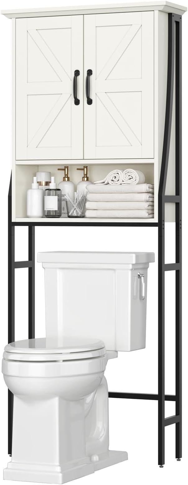 Over The Toilet Storage Cabinet, Over Toilet Bathroom Organizer, Above Toilet Storage Cabinet with Barn Doors Behind Toilet Bathroom Organizer (Cream White)