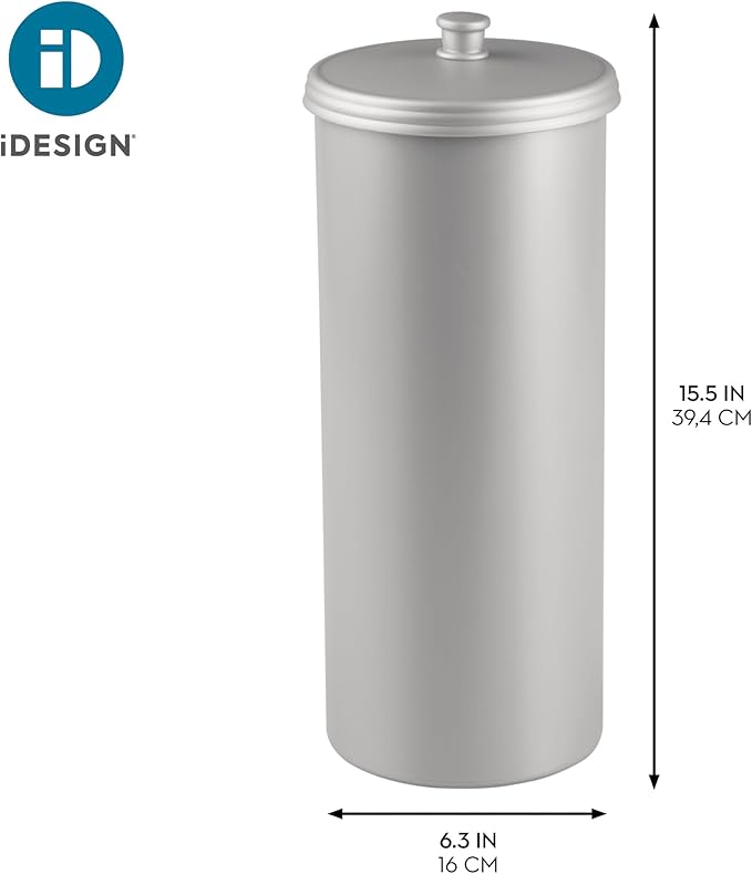 iDesign Freestanding Bathroom Toilet Paper Storage Holder with Lid for 3 Extra Rolls, Silver