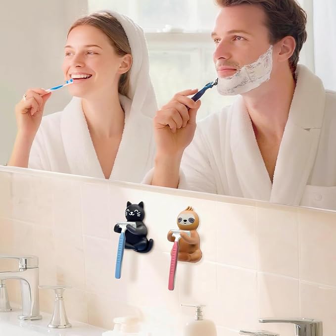 Cute Cat and Sloth Waterproof Self-Adhesive Shower Hook Set, Black Cat and Brown Sloth Razor Holder Bathroom Accessory for Men Women Animal Lover, Animal Lover Bathroom Decor Gifts for Women Men