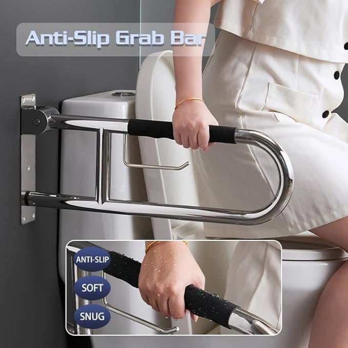 Toilet Grab Bar 23.6 Inch, BVTOURA Flip-Up Safety Rail with Soft Silicone Anti-Slip Finger-Grip Handle and Paper Holder, Stainless Steel U-Shaped Support Bar for Elderly Disabled, Brushed Nickel