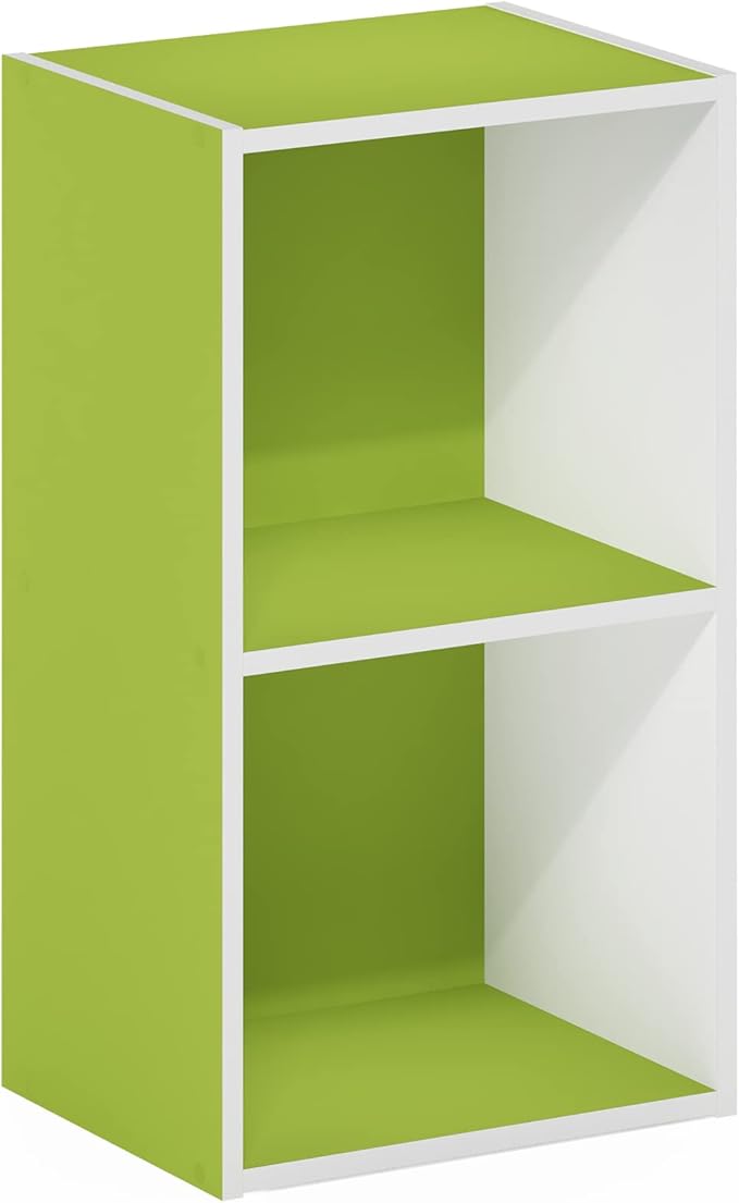 Furinno PASIR Book Shelf, 2-Tier Modern Bookshelf, Open Shelves Bookcase 9 x 12 x 21, Easy Assembly, for Living Room, Bedroom, Home Office, Green/White
