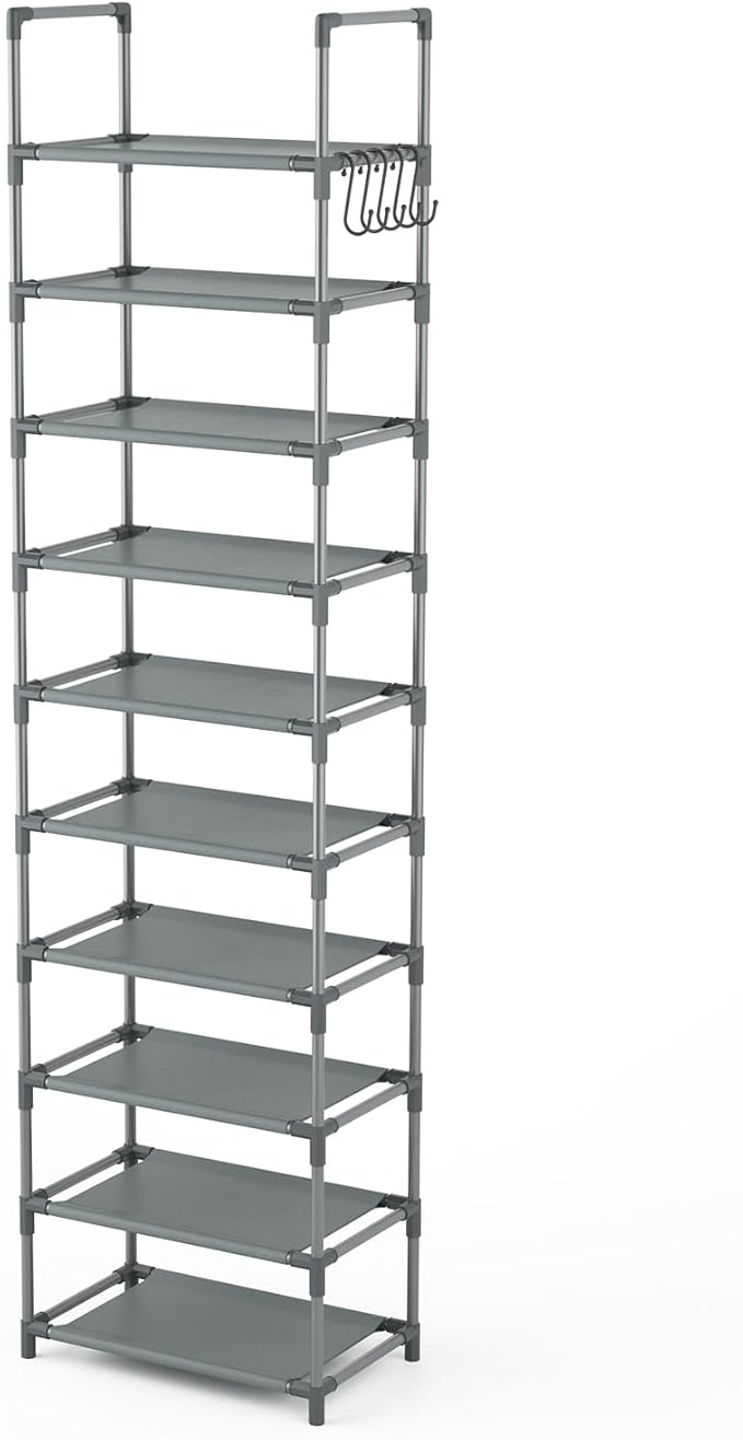 LANTEFUL 10 Tiers Tall Shoe Rack 20-25 Pairs Boots Organizer Storage Sturdy Narrow Shoe Shelf for Entryway, Closets with Hooks, Grey