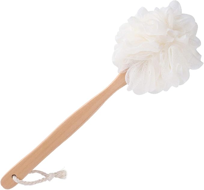 White Loofah with Handle - Back Scrubber for Shower, Exfoliating Body Sponge with Soft PE Mesh and Wood Stick, Clean Look Bath Accessory for Men and Women