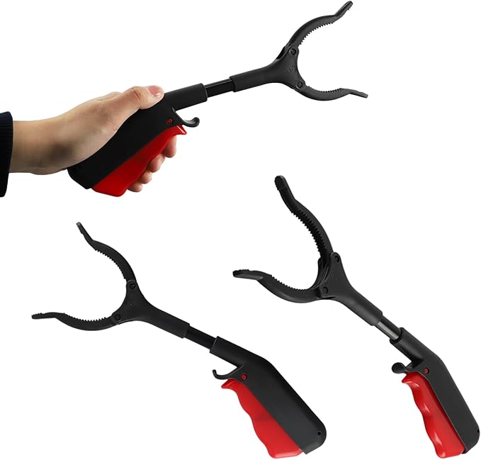 Short Grabber Reacher Tool 2 PCS,Small Grabber Reacher Tools Non-Slip Ergonomic Handle,Portable for Elderly, Disabled, Sanitation Workers,11.02in,Black Red