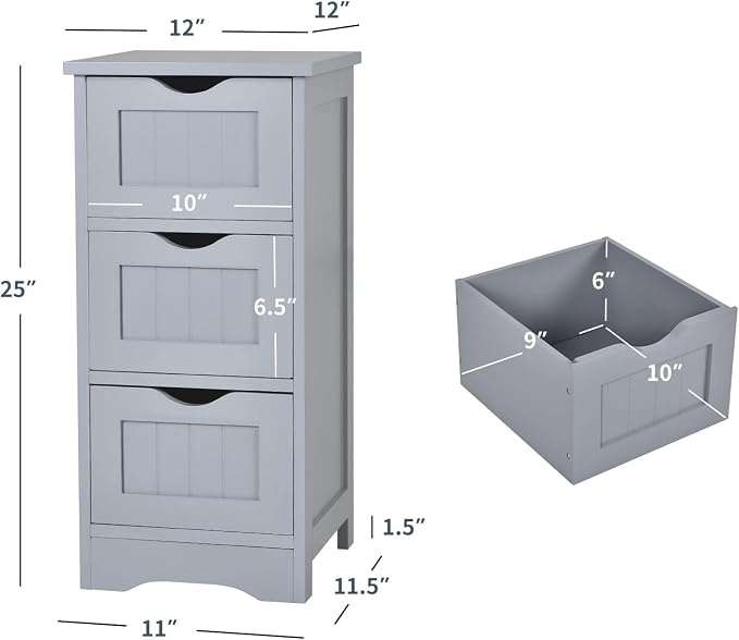 Floor Cabinet with 3 Removable Drawers & Anti-Toppling Device, Small Bathroom Storage Cabinet for Bathroom Home Office Living Room Bedroom(Grey)