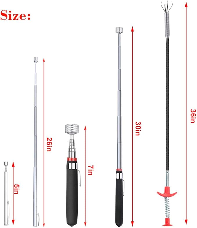 4 Pack Telescoping Magnet Pick-up Tool Set - Retrieving Pickup Tools，Extendable Pick Up Tools，Bendable Spring Magnet Stick，Flexible Extra Long Reach Bendable Curve Grabber with 4 Claws