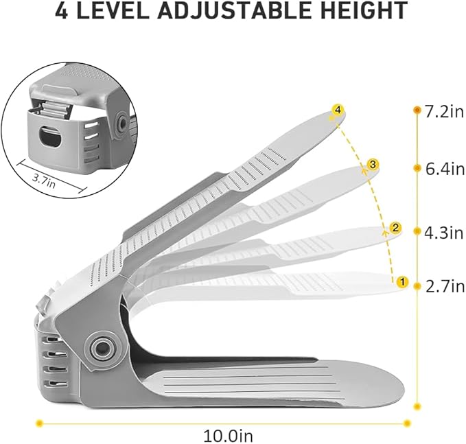 NVGSN Shoe Slots Organizer 20 Pack - Shoe Stackers for a Pair of Shoes, Shoe Storage Shoe Space Savers 50%, 4 Levels Adjustable Thickening expandable Shoe Rack Holders Shoe Organizer for Closet, Grey