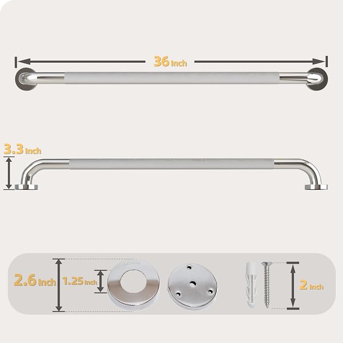 36 Inch Shower Grab Bar, Bathroom Grab Bar Handle with Anti-Slip Knurled Grip, Stainless Steel Bath Balance Bar, 1.25" Diameter Bath Safety Bar Support for Seniors Elderly Pregnant, Polishes Chrome