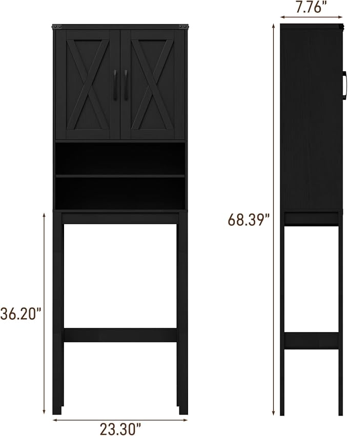 Vabches Over The Toilet Storage Cabinet, Bathroom Organizer with 2 Barn Doors, Farmhouse Space-Saving Toilet Rack with Adjustable Shelf,for Bathroom, Toilet, Laundry Room,Black