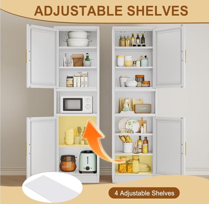 Tall Metal Narrow Bathroom Storage Cabinet 67" H, Tall White Pantry Cabinets with 4 Adjustable Shelves and 2 Doors for Kitchen, Home Office, Living Room, Dining Room(20 inches Wide)