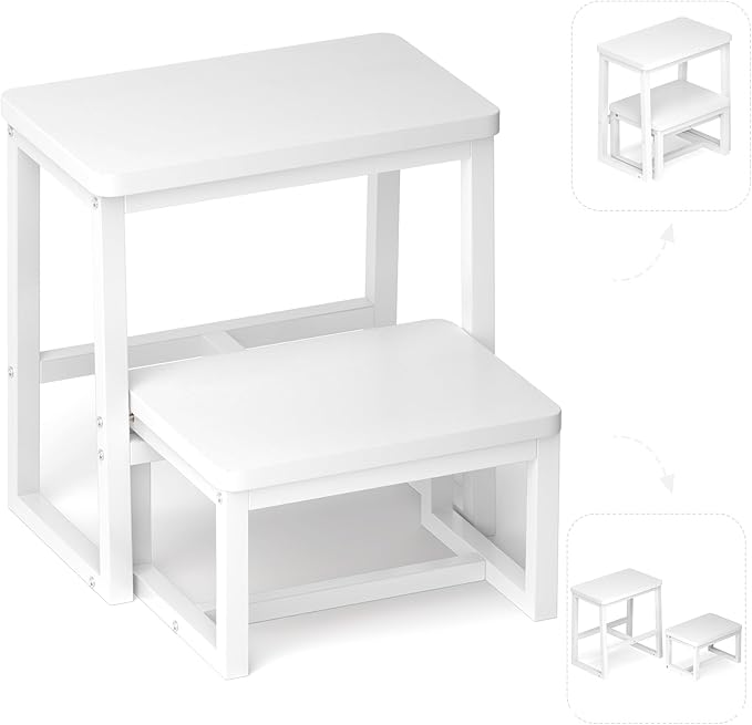 Step Stool for Adults, Holds up to 500Lb,3 in1 Heavy Duty Sturdy 2 tair Wooden StepStool for Kichen/Bathroom/High beds, Metal Frame, Non-Slip Pads