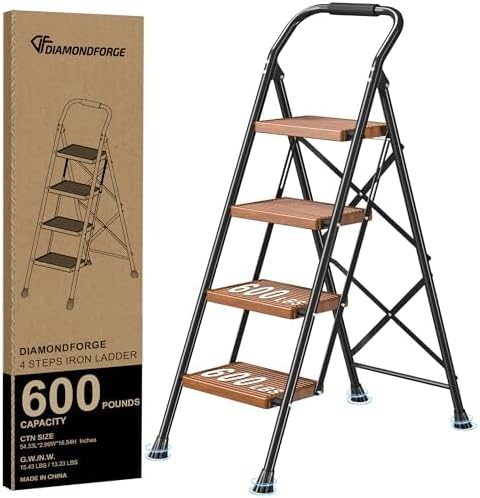 Step Ladder Foldable Folding Stool - for Home Adults Kitchen 4 Stepping Extension Tall Heavy Duty with Handrails - Closet Stepstool Stair Ladders Extendable Stepladder for Indoor House 600Lbs