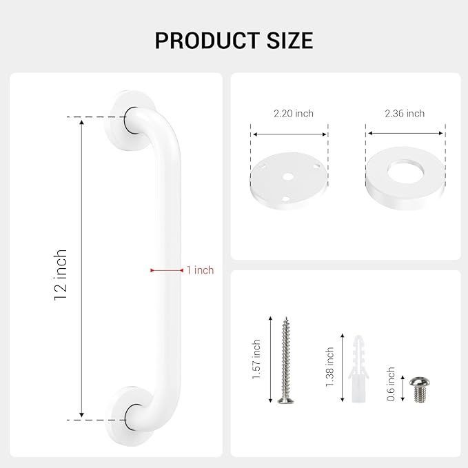 2 Pack 12 Inch Grab Bars for Wall White, Safety Shower Grab Bars for Seniors Elderly Handicapped, Handicap Grab Bars for Shower with Concealed Screws, Tesuchan