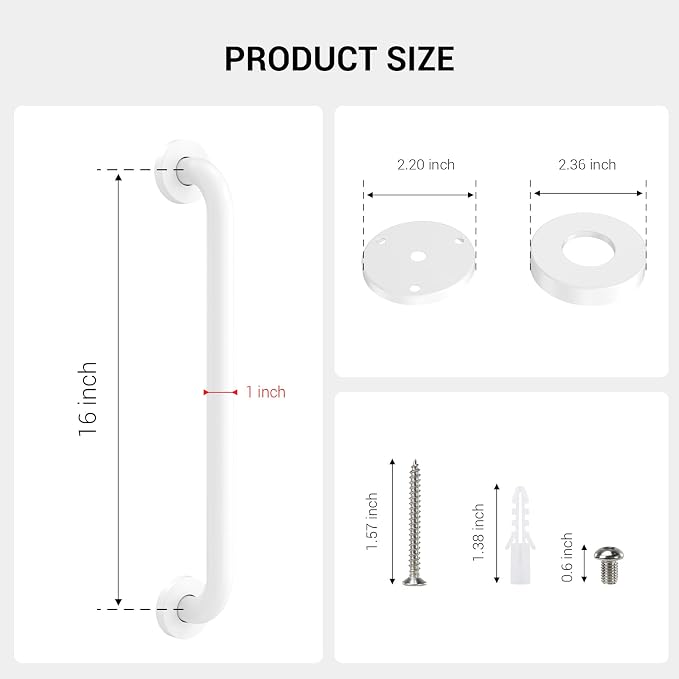 2 Pack 16 Inch Grab Bars for Wall White, Safety Shower Grab Bars for Seniors Elderly Handicapped, Handicap Grab Bars for Shower with Concealed Screws, Tesuchan