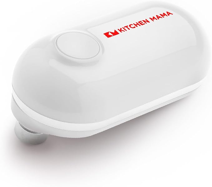 Kitchen Mama Mini Electric Can Opener Smooth Edge: Opens Can with One Press - Ultra-Compact, Portable, Hands-Free, Safe, Cordless, Seniors with Arthritis, Automatic, Battery Operated Appliance (White)