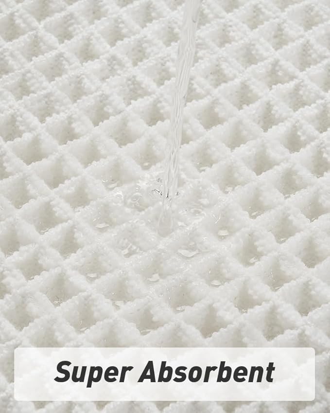 Upgraded Waffle Bath Mat Set of 2, Super Absorbent Non Slip Bath Mats for Bathroom Floor, Washable Boho Bathroom Rugs Set 2 Pieces with Tassels, Soft Bathroom Mat Set, White, 18" x 30" Plus 24" x 48"
