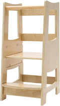 EGREE Toddler Kitchen Step Stool with Safety Rail Kids Wooden Standing Tower for Kitchen Counter and Bathroom Sink, 3 Heights Adjustable Step Up Stool Mothers' Helper, Solid Wood Construction, Natural
