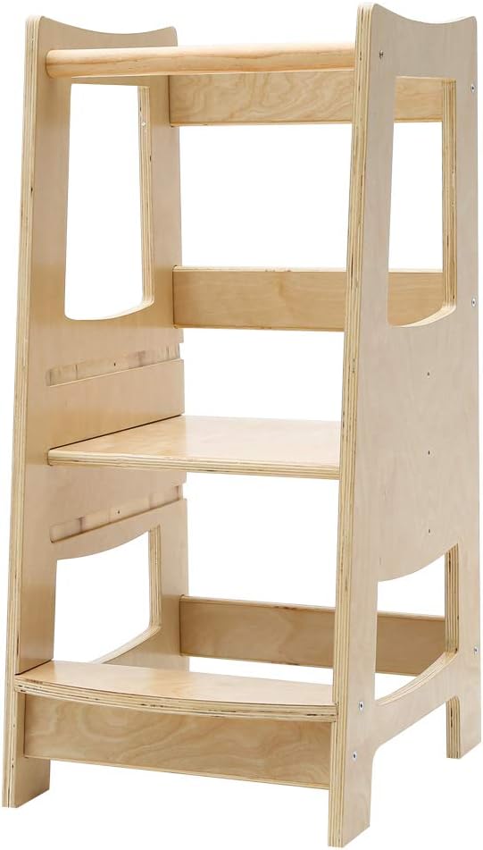EGREE Toddler Kitchen Step Stool with Safety Rail Kids Wooden Standing Tower for Kitchen Counter and Bathroom Sink, 3 Heights Adjustable Step Up Stool Mothers' Helper, Solid Wood Construction, Natural