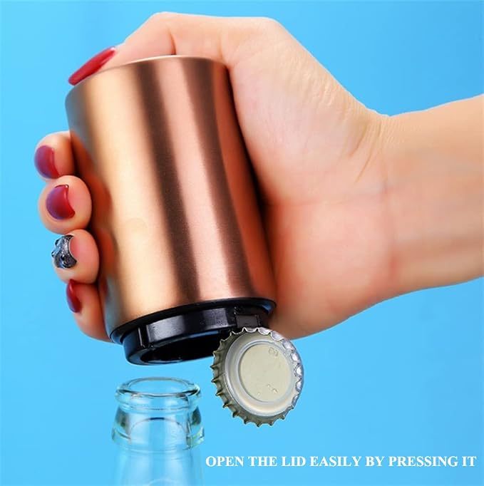AKOAK 1 Pack Creative Stainless Steel Push-type Beer/Wine Bottle Opener Bar Household Automatic Convenient Cap Opener - Easy to Open a Variety of Bottles,Rose gold
