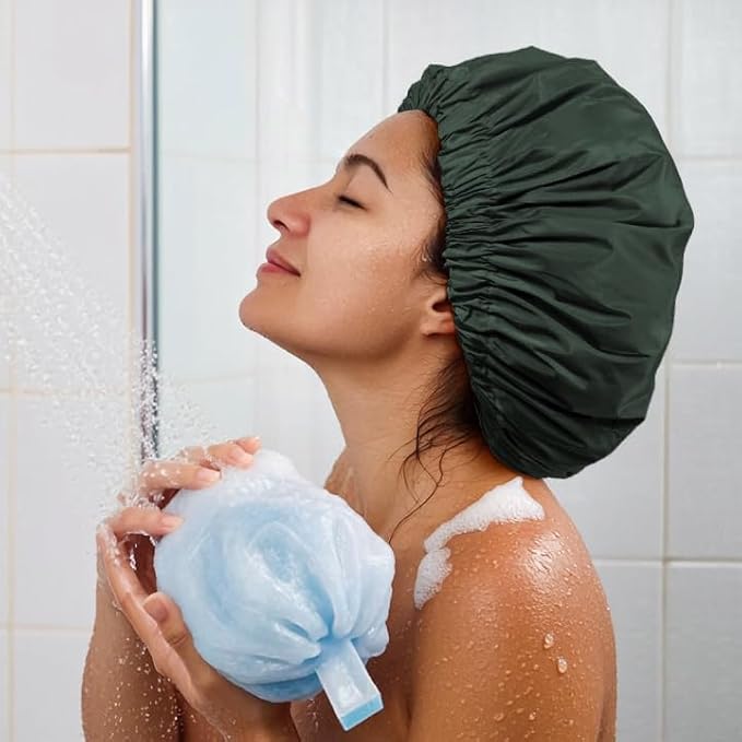 Reusable Shower Cap for Women, Large Waterproof Shower Bonnet with Elastic Band, Washable Bath Hair Cap for Long, Curly Hair, Braids, Daily Shower, Home Spa, Travel(Dark Green)