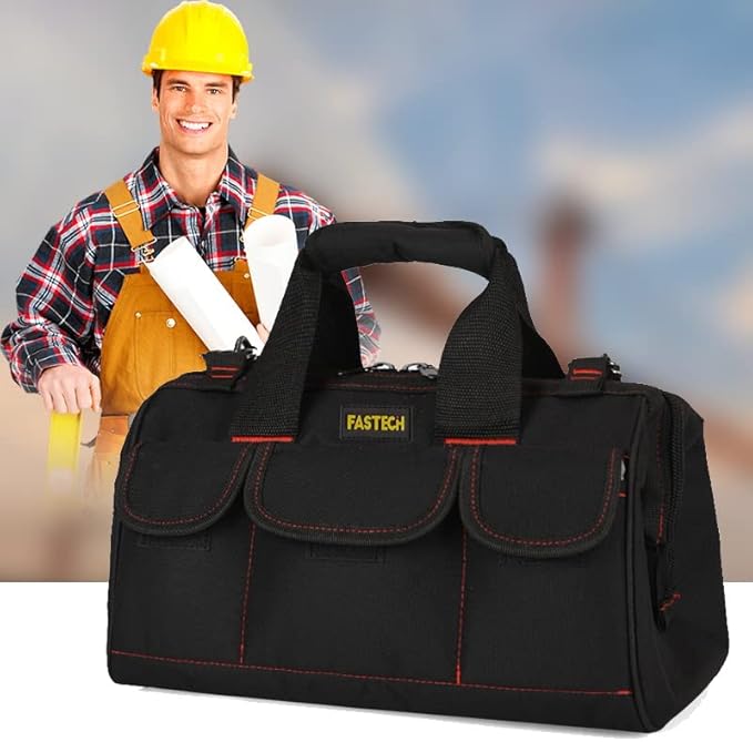 FASTECH 14-inch Heavy Duty Toosl Bag With Wide Mouth for Tool Storage, Carrier and Organizer, Tool Tote Bag For Men, Wide Mouth Tool Bag With Inside Pockets (14 Inch)