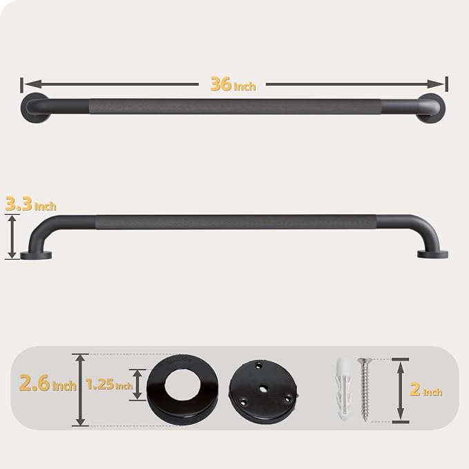 1 Pack Shower Grab Bar, 36 Inch Bathroom Grab Bar Handle with Anti-Slip Knurled Grip, Stainless Steel Bath Balance Bar, 1.25" Diameter Bath Safety Bar Support for Seniors Elderly Pregnant, Matte Black