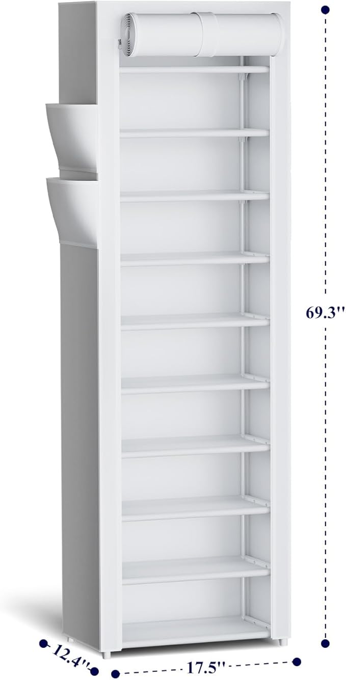 Kitsure Shoe Rack - 10-Tier Large Capacity Shoe Organizer Shelf with Dust Cover & Side Pockets, Rust-Proof Metal Shoe Rack for Closet, Entrance, Living Room, 17.5" x 12.4" x 69.3", White