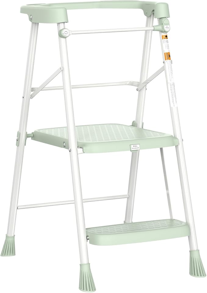 HBTower Kids Step Stool 2 Steps with Anti-Drop Safty Railing, Toddler Tower for Kitchen Counter Learning, Toddler Kitchen Stool Helper,Kids Standing Folding Stepper (Green)