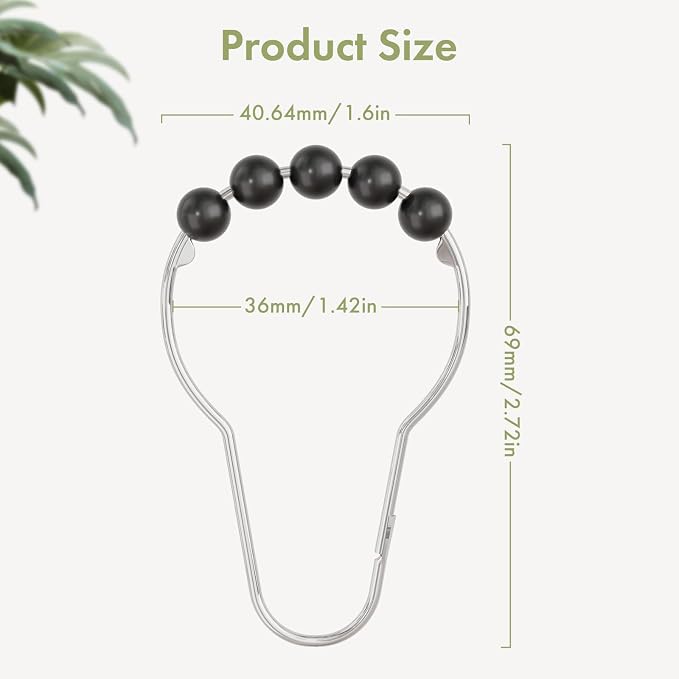 Amazer Black Shower Curtain Hooks, Decorative Rust Proof Acrylic Balls Shower Curtain Hooks, Stainless Steel Shower Hooks for Shower Curtain Bathroom Shower Hooks-Set of 12