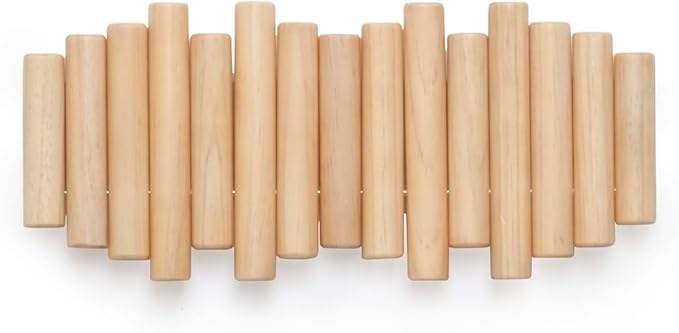 Umbra Picket Wall-Mounted Coat Rack Rail Hook with 5 Retractable Wood Pegs – Modern, Space-Saving Storage Organizer, Natural (Pack of 3)