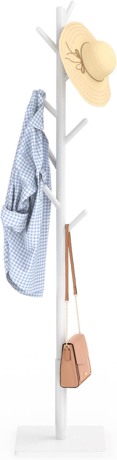 Coat Rack Freestanding with Stable Square Base for Cloathes, Hat, Used in Bedroom, Office and Entryway, Sturdy and Easy Assembly Coat Tree with 3 Adjustable Sizes and 8 Hooks, White