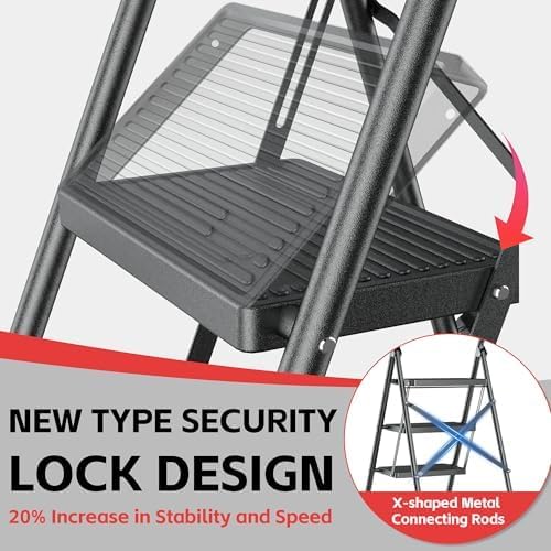 DIAMONDFORGE 3 Step Ladder Foldable Folding Stool - for Home Adults Kitchen, Iron, Black, Extension Tall Heavy Duty with Handrails - Closet Stepstool Extendable Stepladder for Indoor House 600 lbs