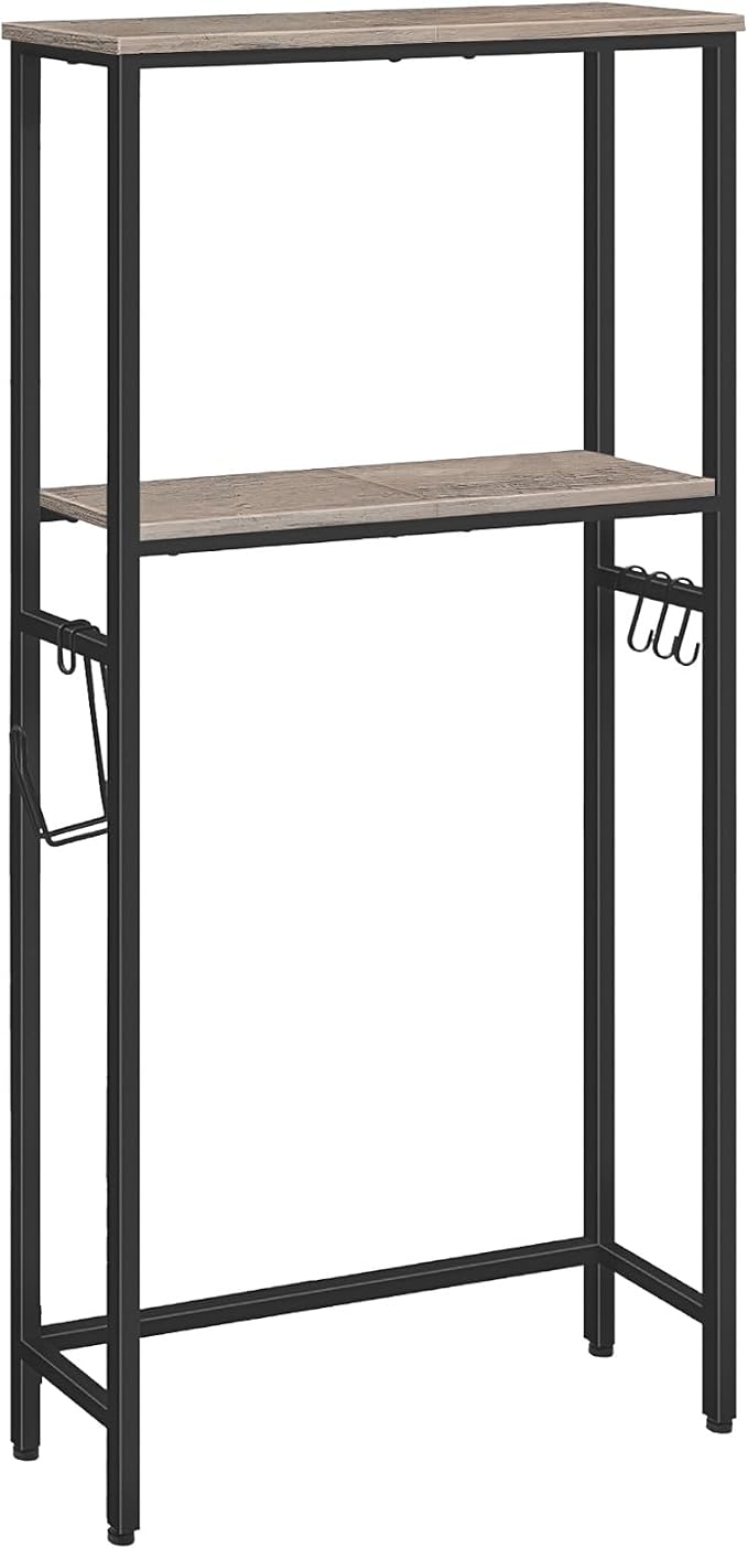 HOOBRO Over-The-Toilet Storage, 2-Tier Bathroom Organizer Over Toilet, Bathroom Shelves with Toilet Paper Holder and Hooks, Freestanding Storage Shelf, Space Saver, Greige and Black BG49TS01