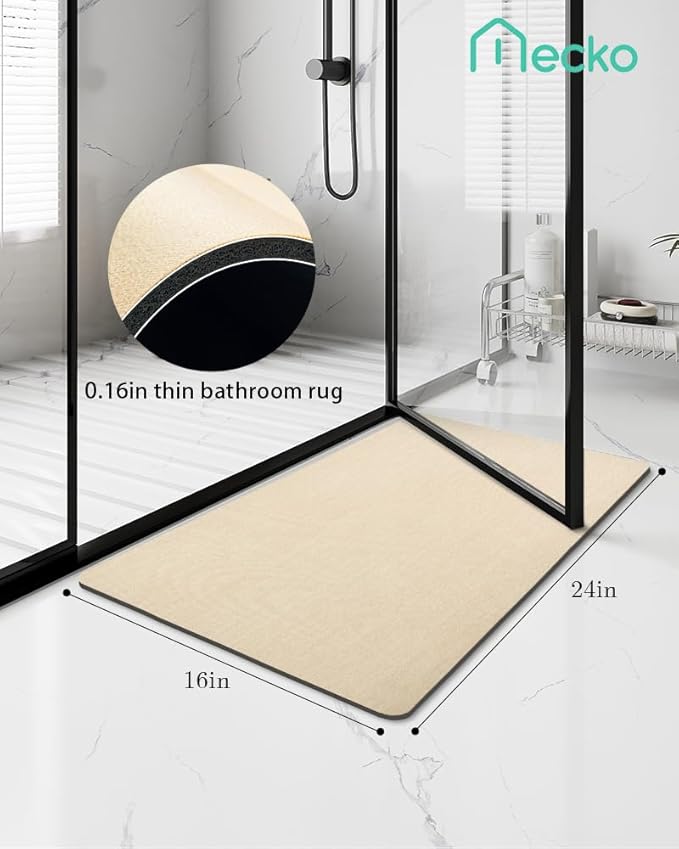 Mecko Bath Mat, Ultra Absorbent Quick Dry Bathroom Floor Mats-Rubber Non-Slip Thin Bathroom Rug Fit Under Door, Faux Suede Surface Shower Rug for Bathtub, Sink, Shower Room(Beige,16"x24")