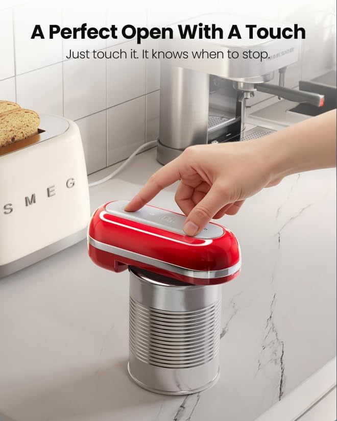 Canslab RETRO Electric Can Opener, Auto-Stop One-Touch Operation, USB Rechargeable with LED Battery Track, Side Cut Smooth Edge Can Opener for Seniors with Arthritis, Wall-Mountable Small Size, Red